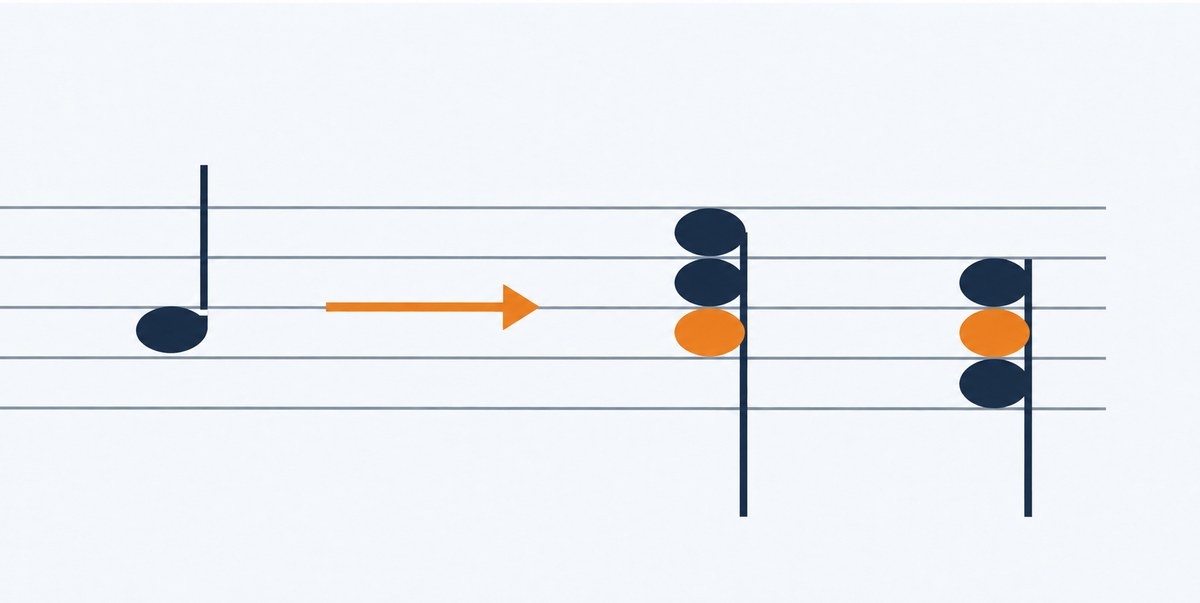 A single note on a staff, an arrow, then the same note built up into two different chords