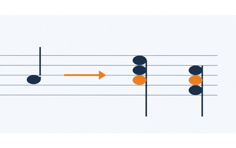A single note on a staff, an arrow, then the same note built up into two chords