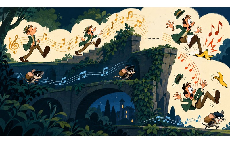 A cartoon character slipping on a banana peel, with musical notes following the action