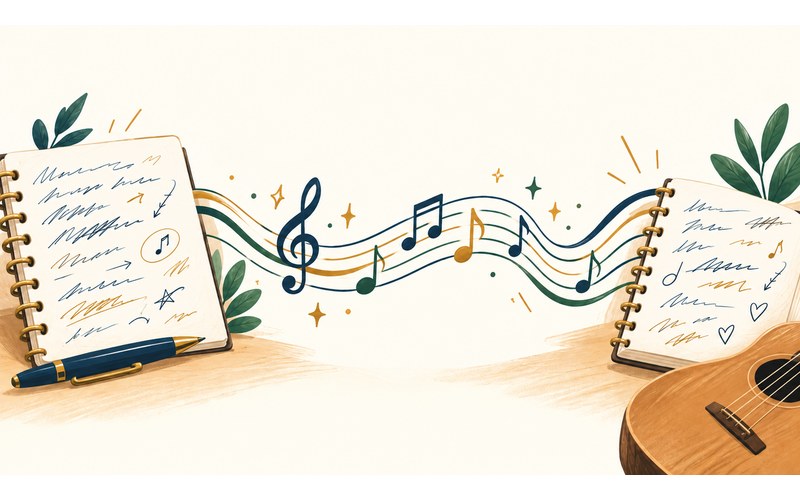 Two notebooks of handwritten lyrics beside a flowing staff of music, with a guitar
