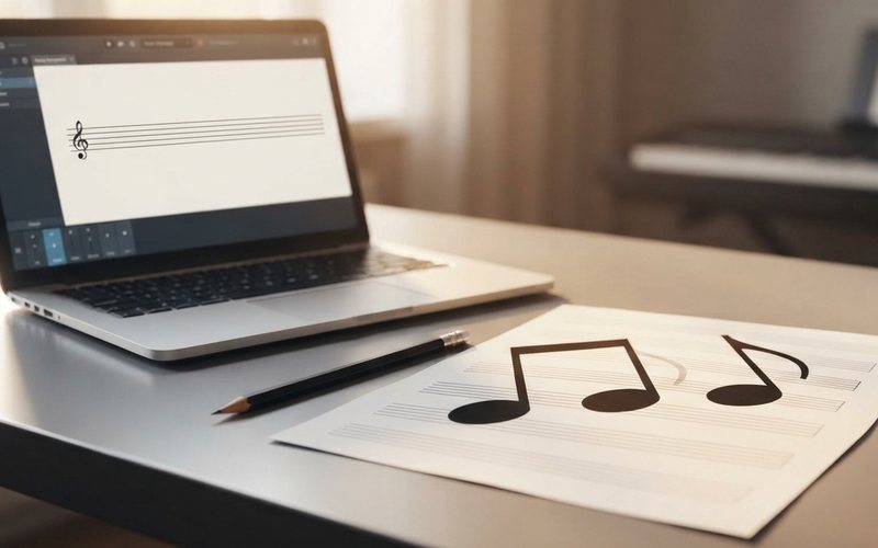 A laptop running notation software beside manuscript paper