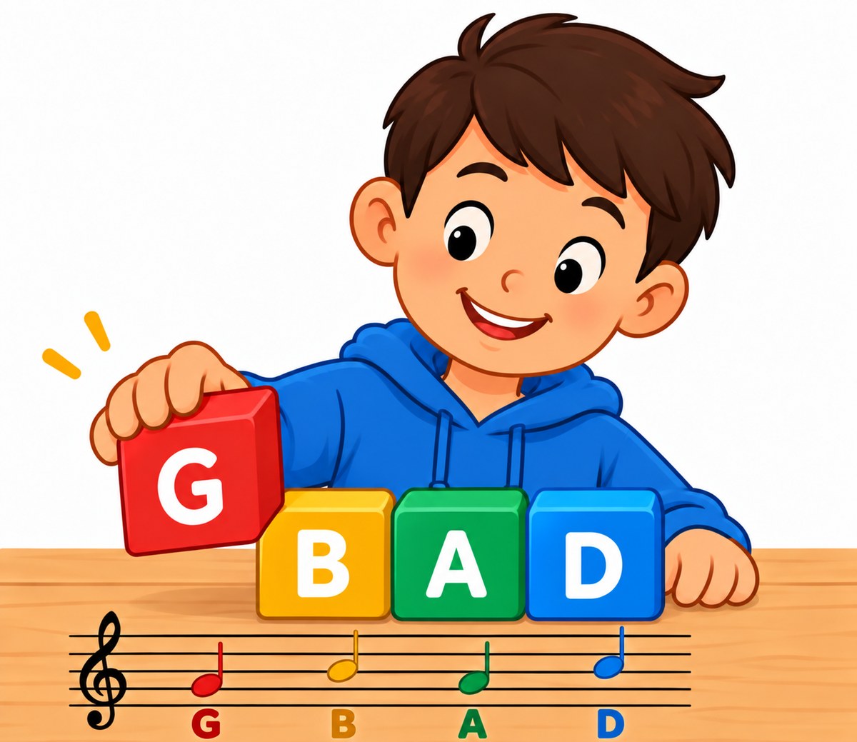 A young musician arranging lettered blocks spelling G, B, A and D above a musical staff