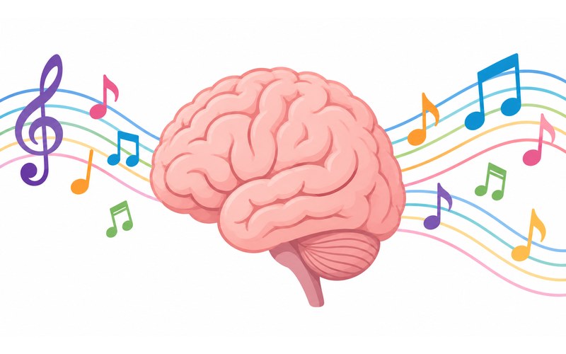 An illustration of a brain surrounded by flowing musical notes