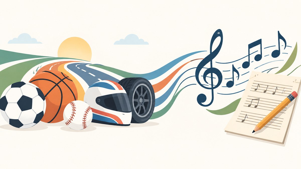 Sports equipment beside a staff of music and a sheet of manuscript paper