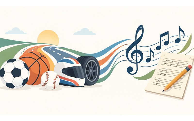 Sports equipment beside a staff of music and a sheet of manuscript paper